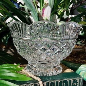 Vintage Crystal Candy Dish, Oval, Pedestal 4.5”x7” Diamond Pattern Scalloped Rim